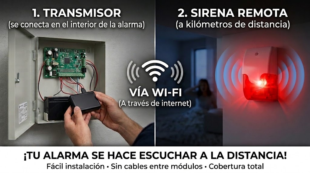 Esquema de funcionamiento SirenaWiFi: Transmisor en el interior de la alarma y Sirena Remota a través de internet